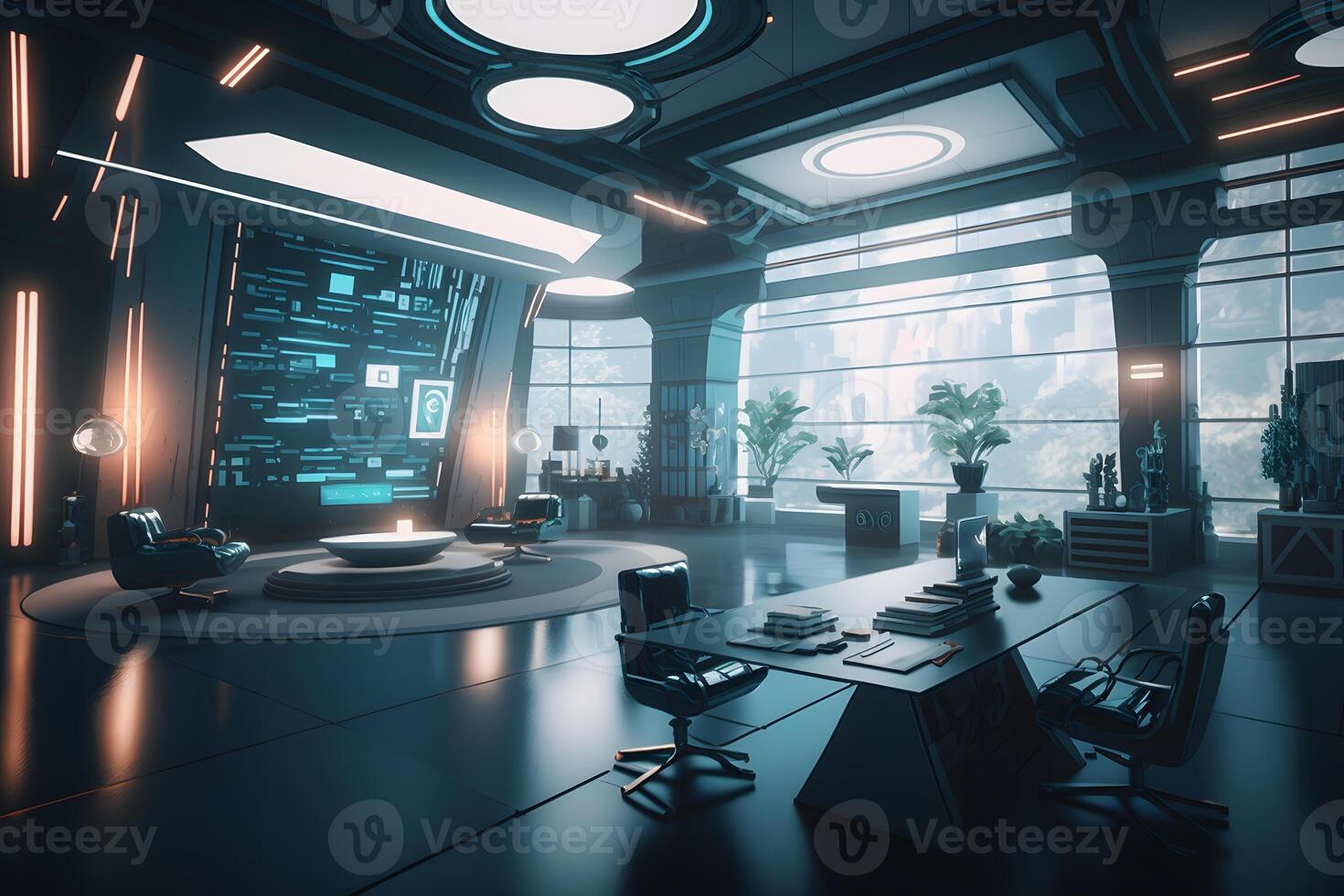 Futuristic meeting room interior, conference room, coworking. Modern