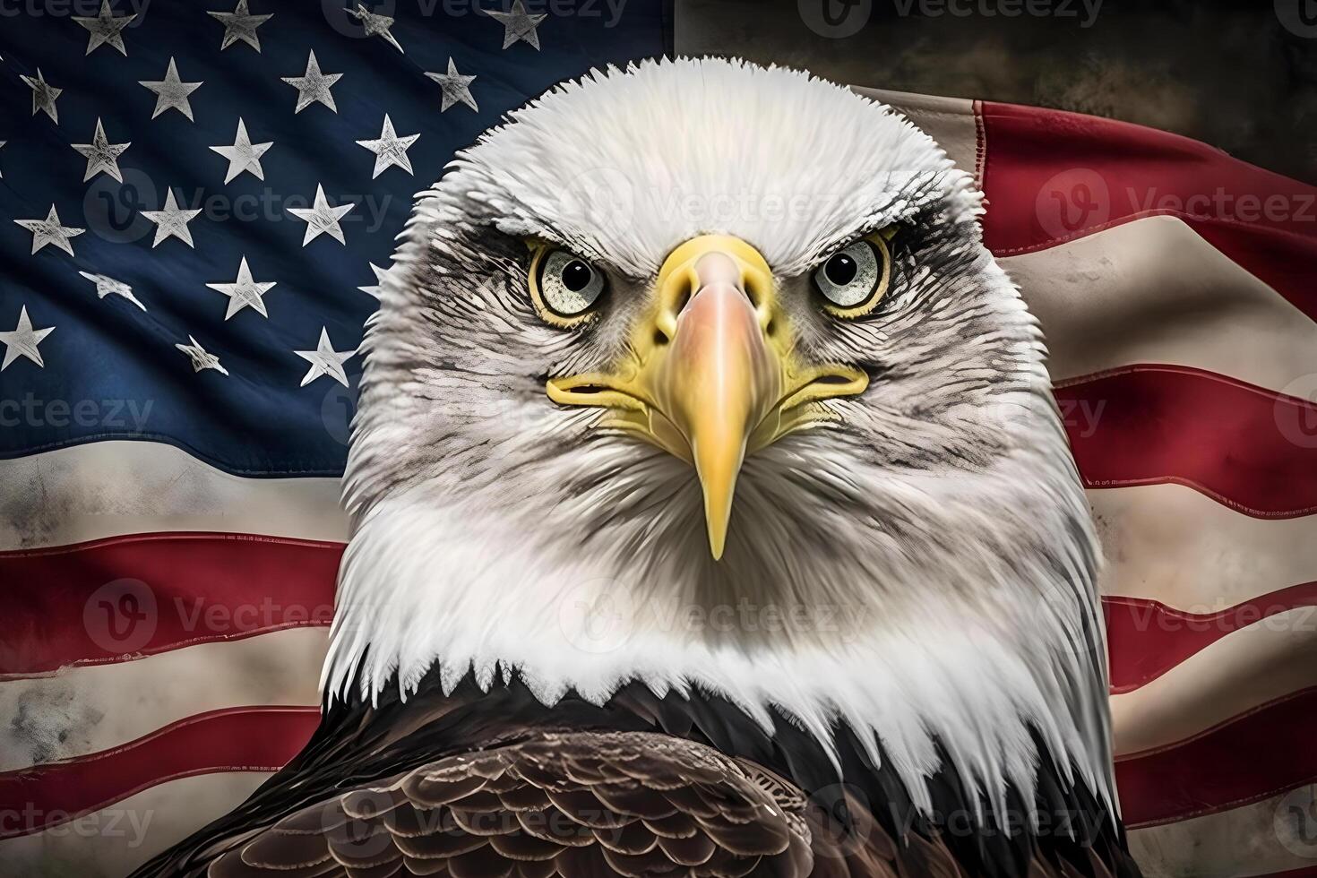 un enojado norte americano calvo águila en americano bandera. neural red ai generado foto