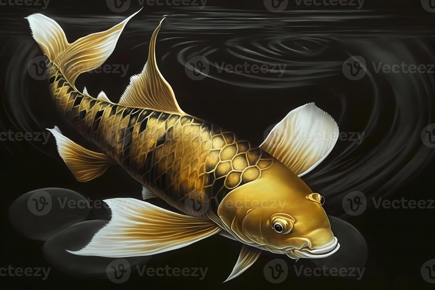 Golden koi fish on black background. Neural network photo