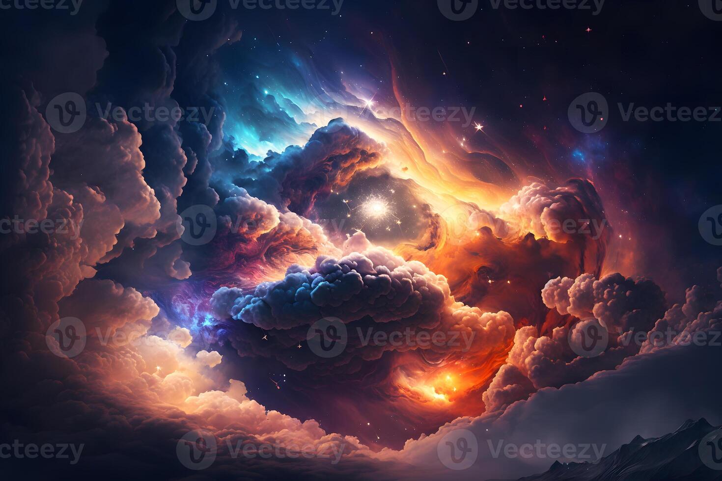 Space background with galaxy and nebula in blue and orange clouds. Neural network photo