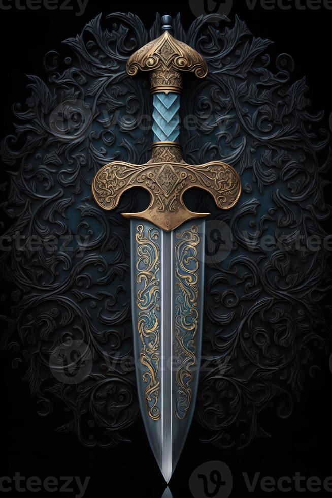 Medieval sword and scabbard. Fantasy golden sword with long blade. Neural network generated art photo