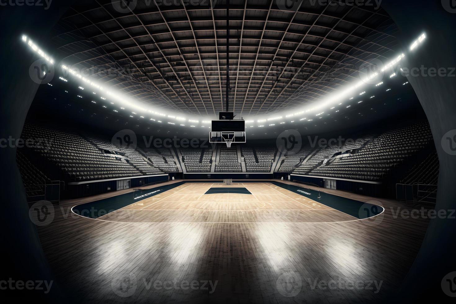 Interior view of an illuminated basketball stadium for a game. Neural network generated art photo