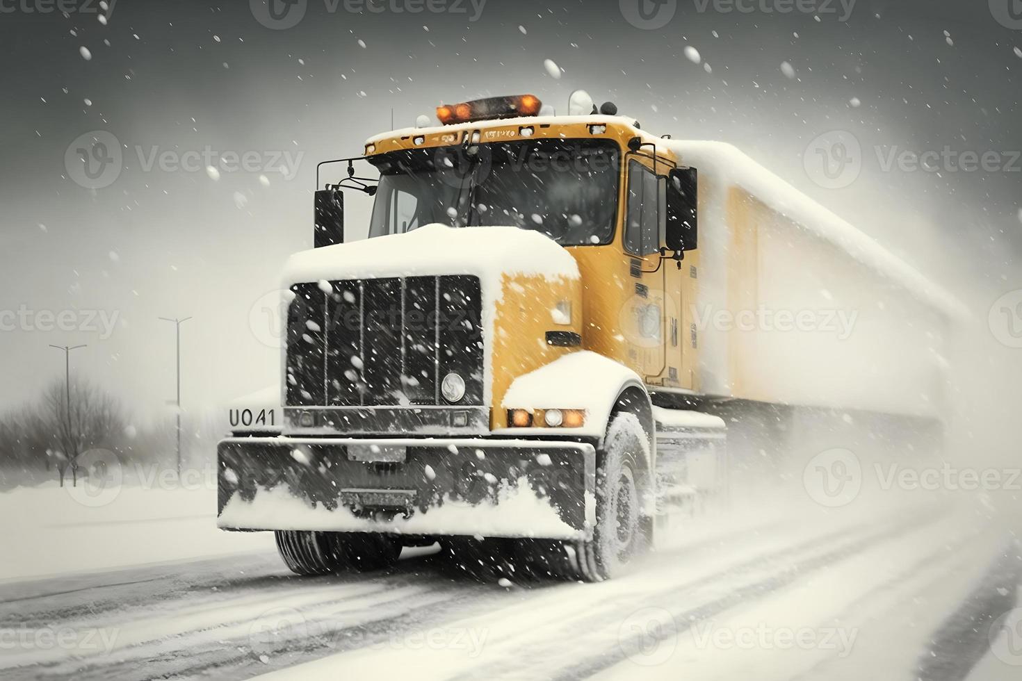 Snow plow truck cleaning snowy road in snowstorm. Snowfall on the driveway. Neural network generated art photo