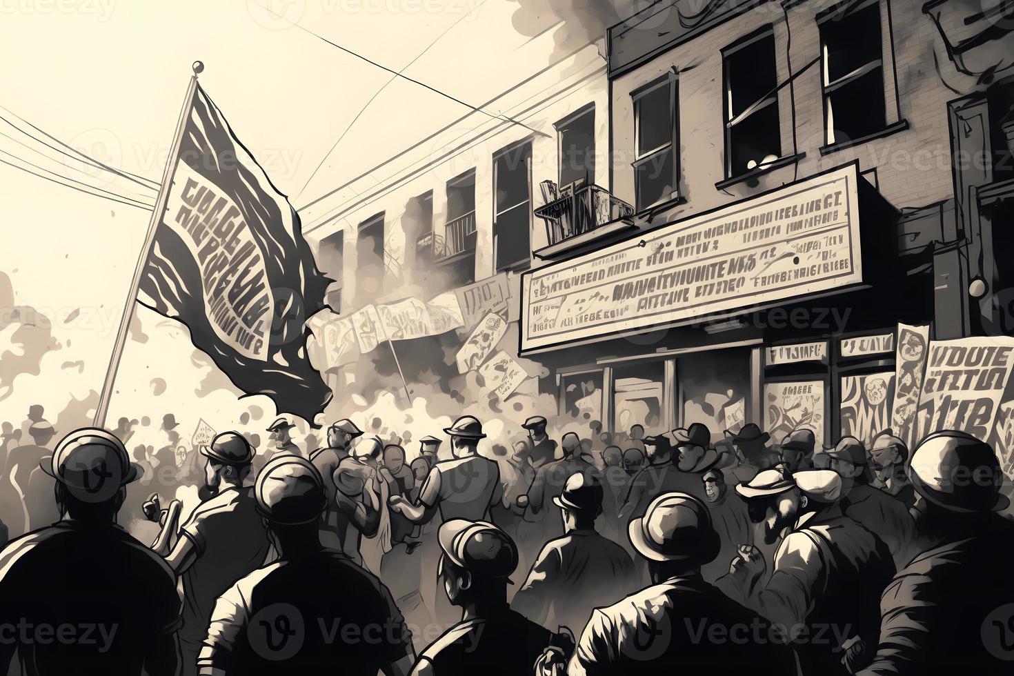 The crowd riots in the street, protests. Neural network generated art photo