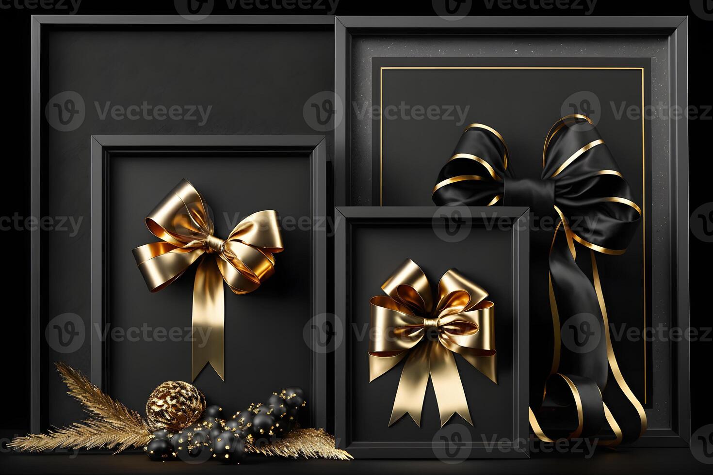 Black gift boxes with gold ribbon on dark background. Neural network photo