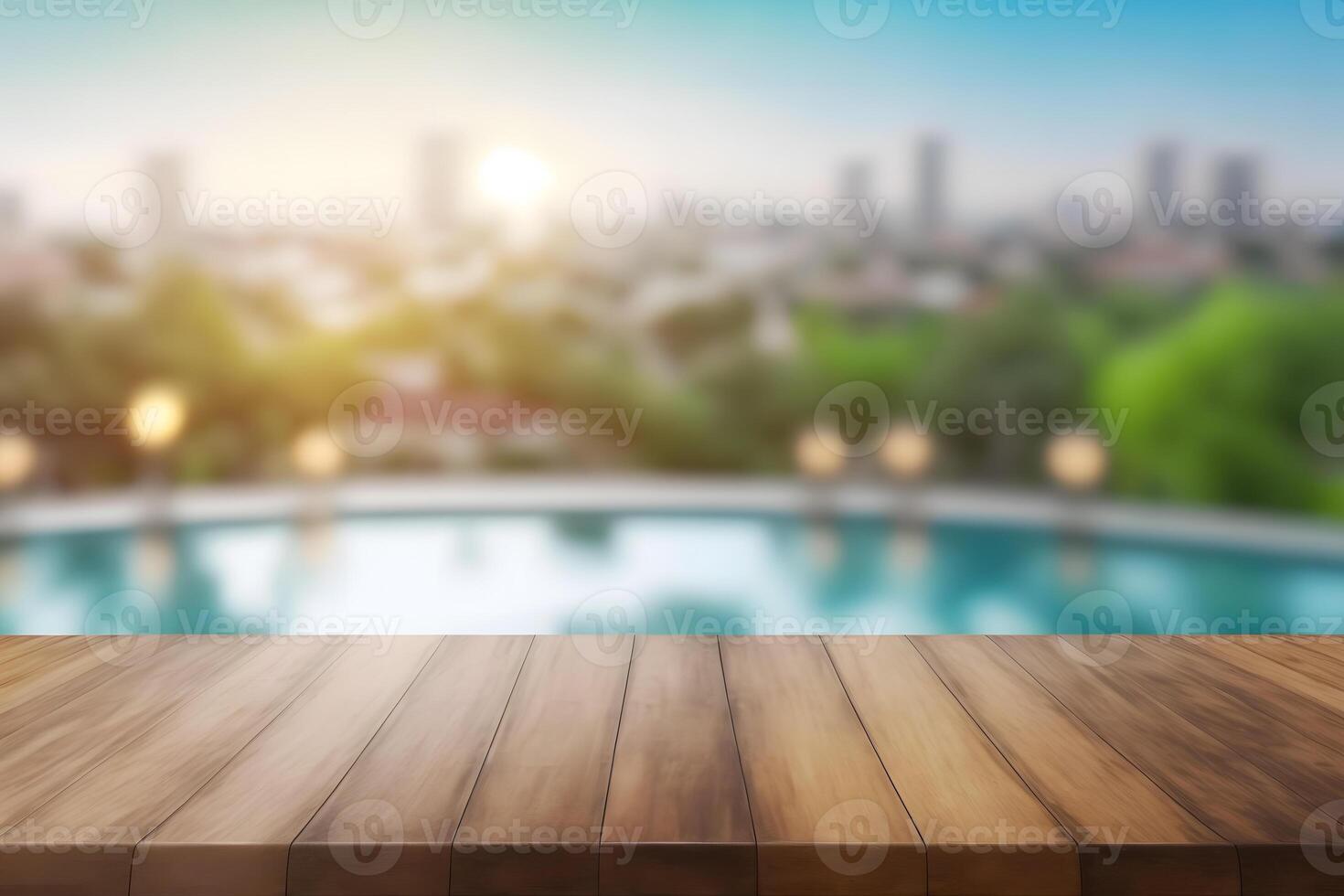 Empty wooden table in front with blurred background of swimming pool. Neural network photo