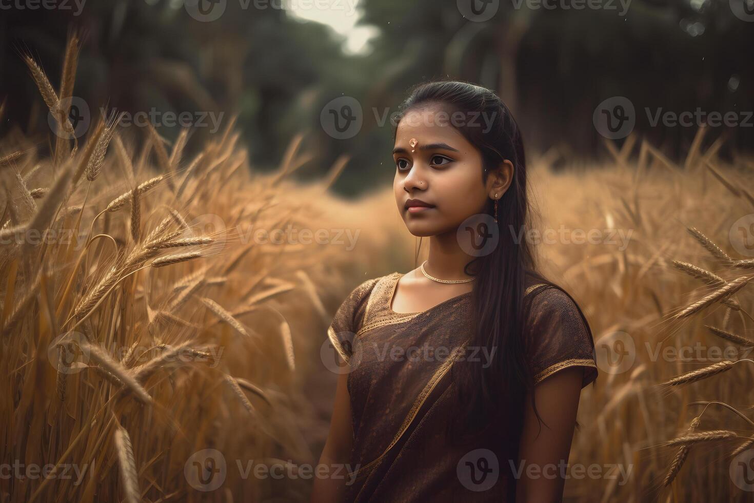 retrato de un indio niña en contra el antecedentes de espiguillas de trigo. neural red ai generado foto