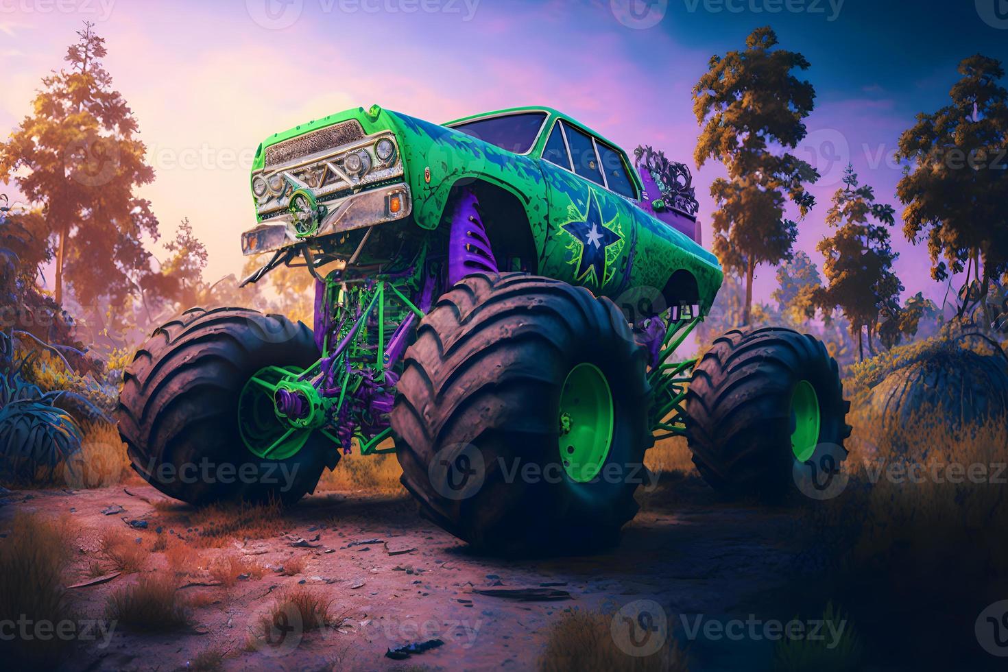 Bigfoot monster truck on wasteland junkyard. Neural network generated art photo