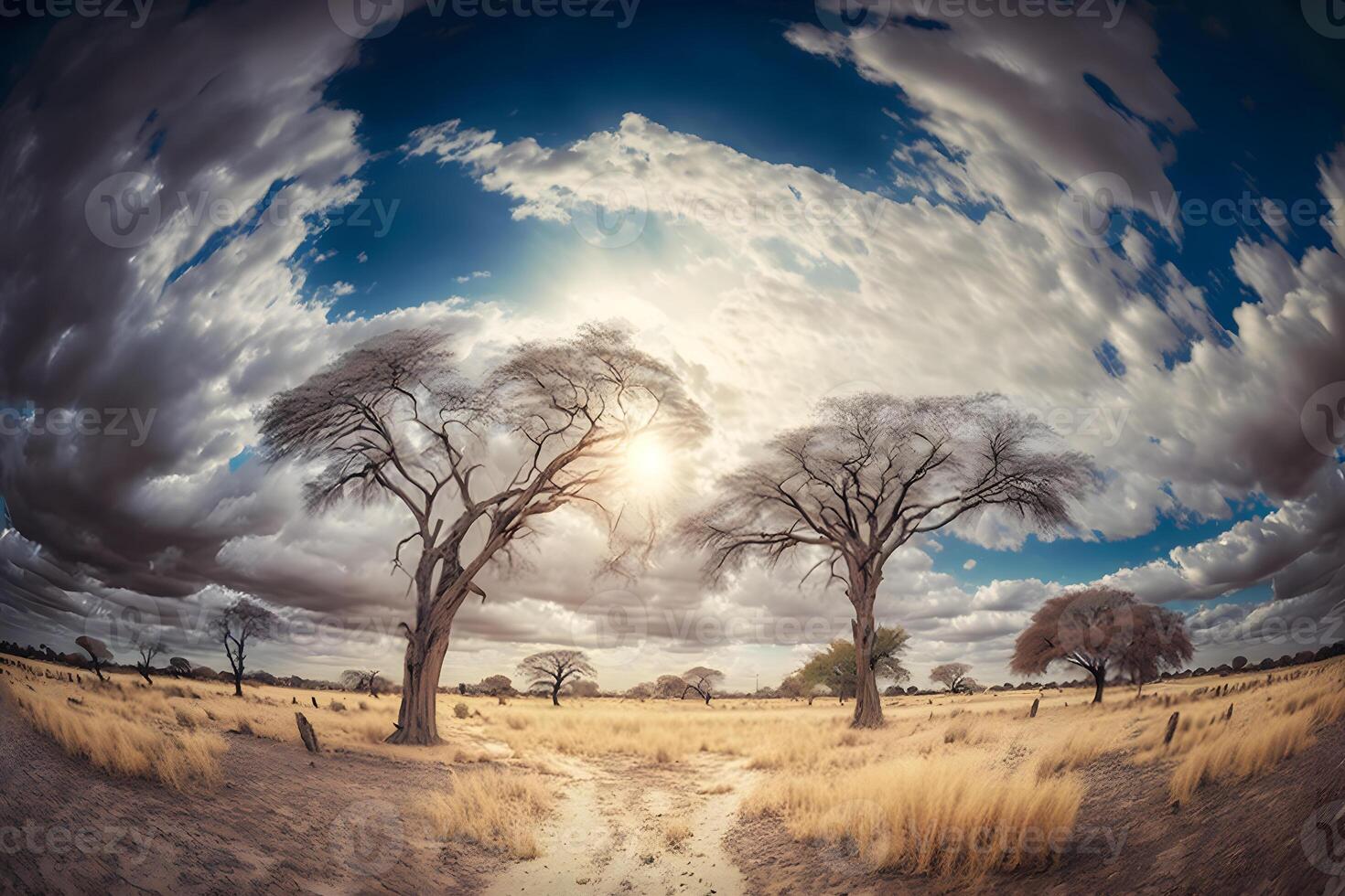 Sunrise over the savannah and grass fields in South Africa with cloudy sky. Neural network photo