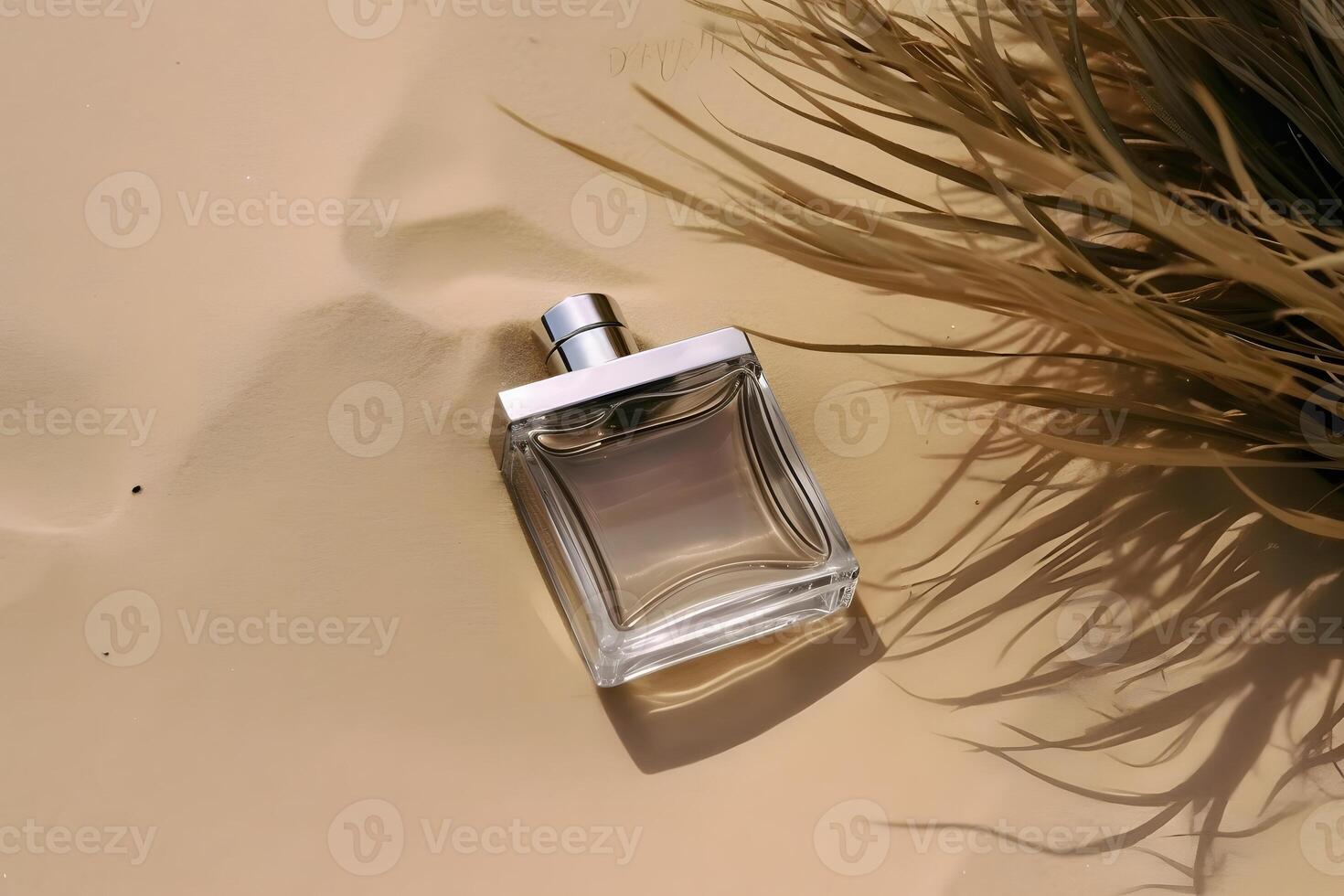 A bottle of perfume on the seashore is enveloped in a wave. Yellow sand on the beach, marine cosmetics and fragrance. Neural network photo