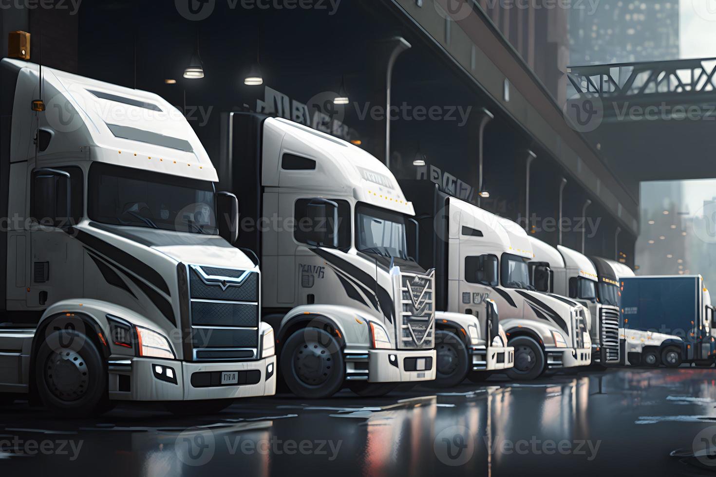 Semi Trailer Trucks on Parking lot. Delivery Trucks for Cargo Shipping. Lorry Industry Freight Truck Logistics Transport. Neural network generated art photo