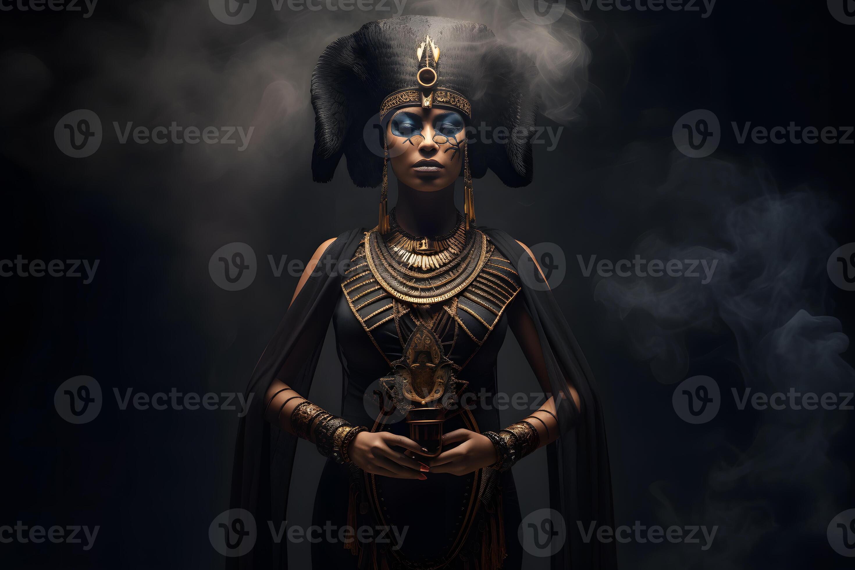 Egyptian goddess on black background. Neural network AI generated