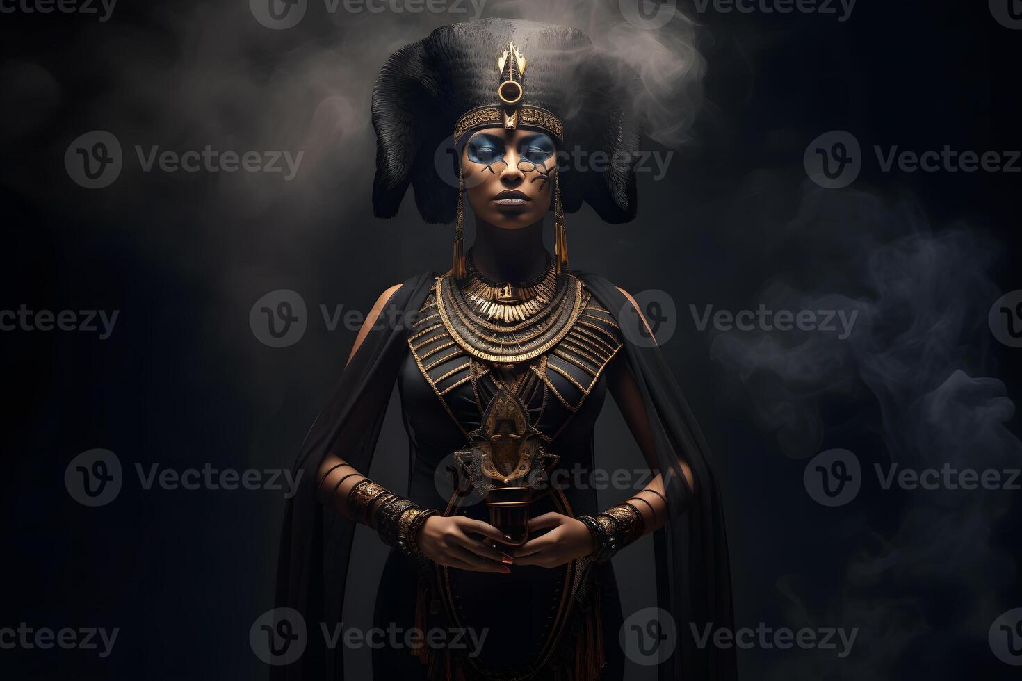 Egyptian goddess on black background. Neural network photo