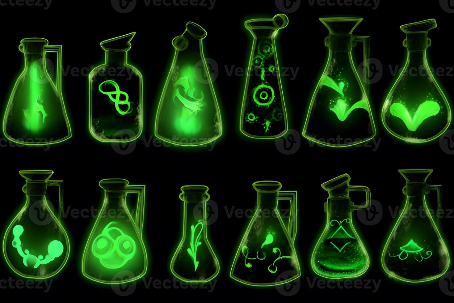 Set of witch bottles with poisonous potion. Neural network photo