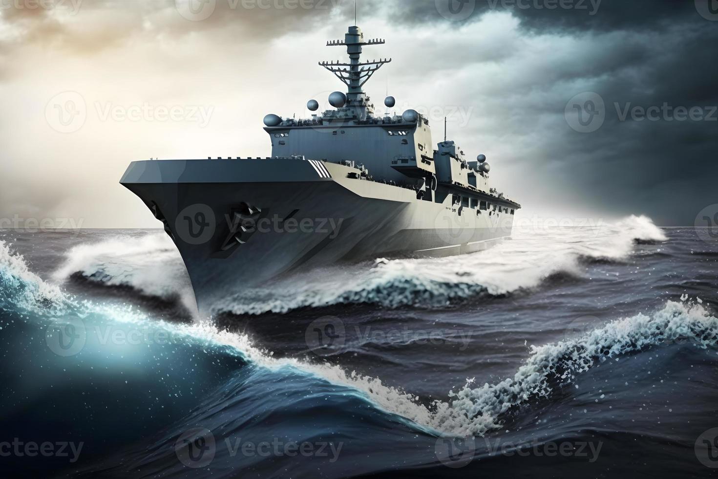 Navy aircraft carrier in wavy sea water. Neural network generated art photo