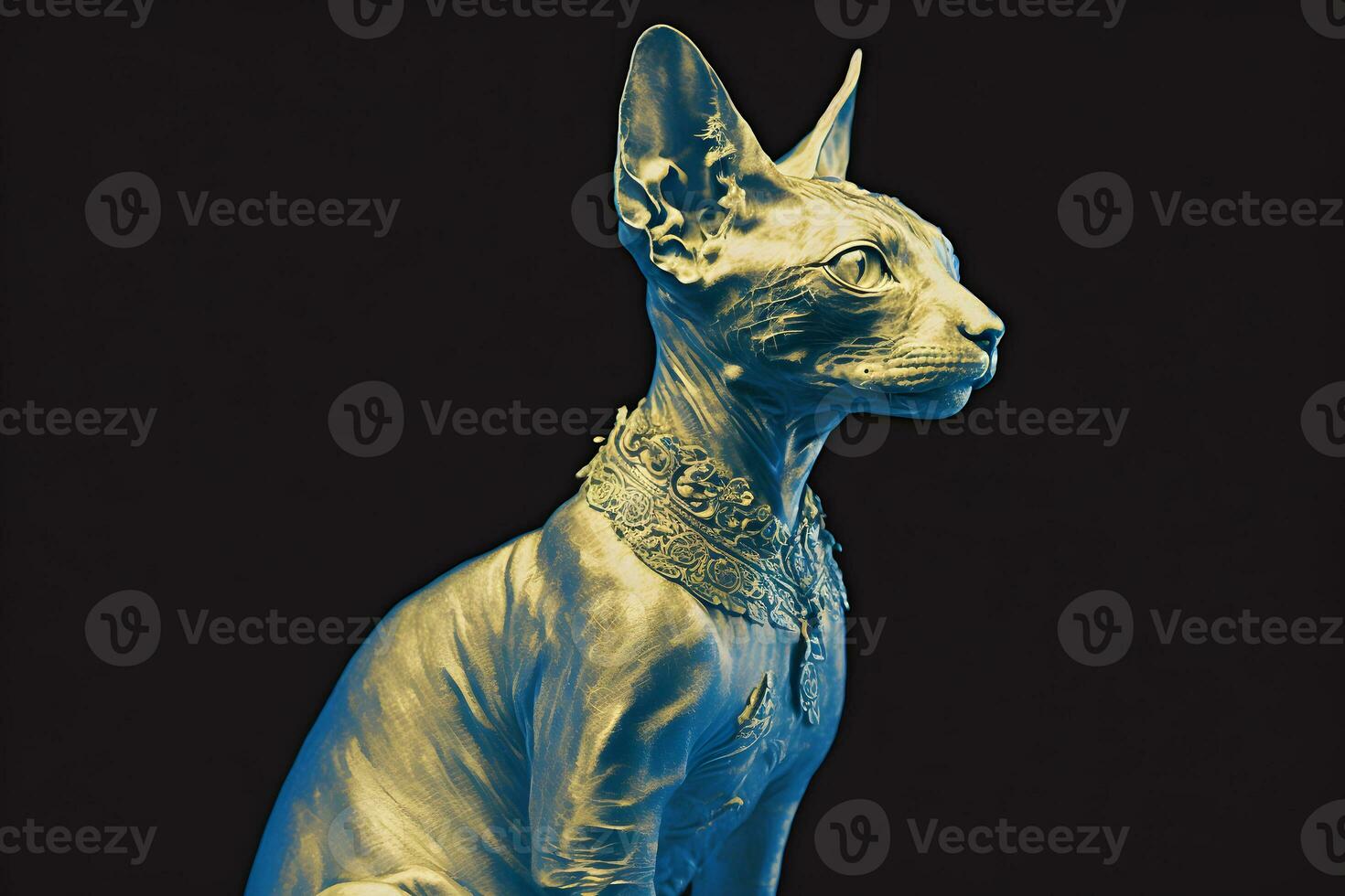 Beautiful Sphynx cat portrait in blue colors. Neural network generated art photo