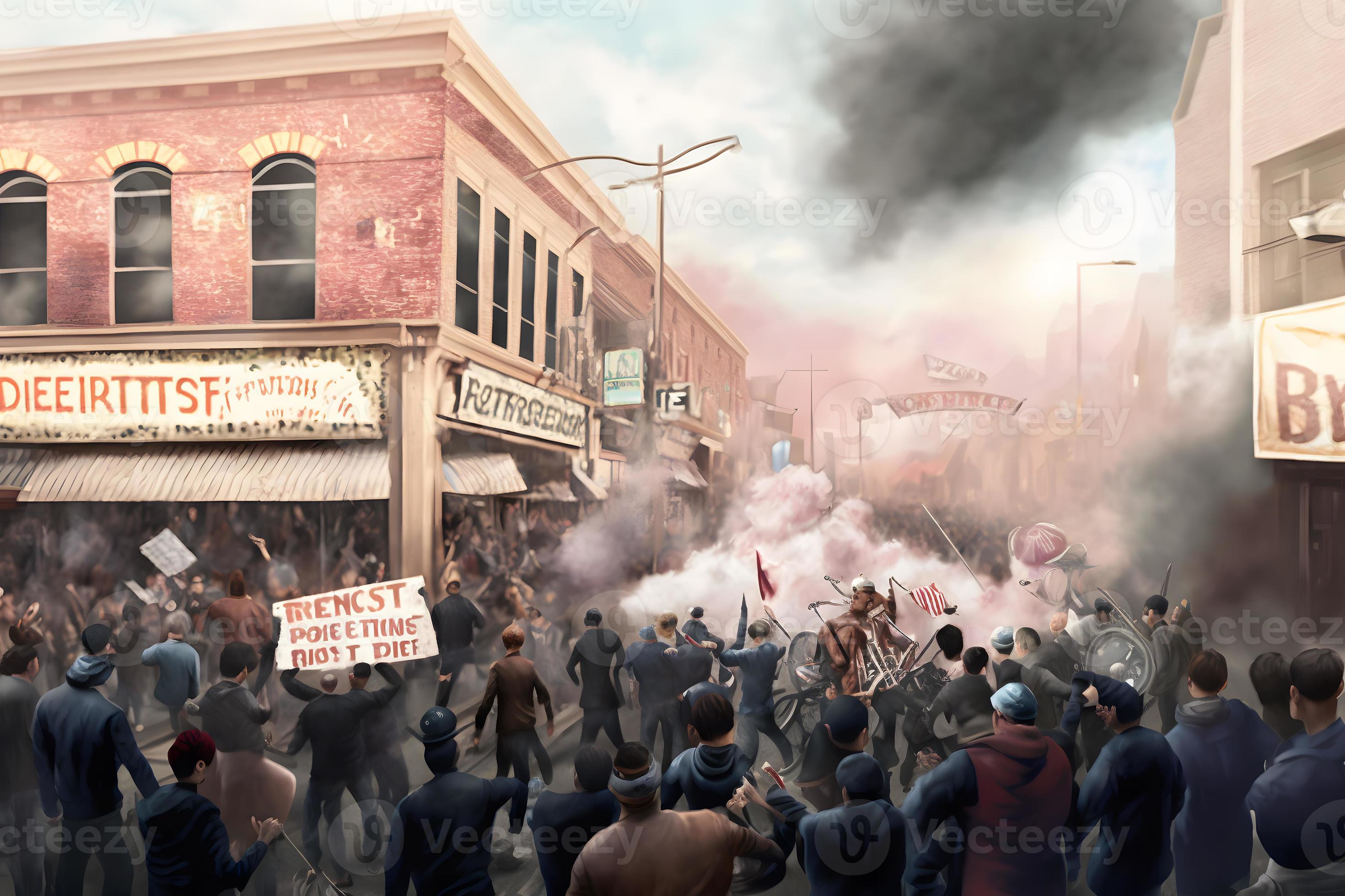 The crowd riots in the street, protests. Neural network generated art