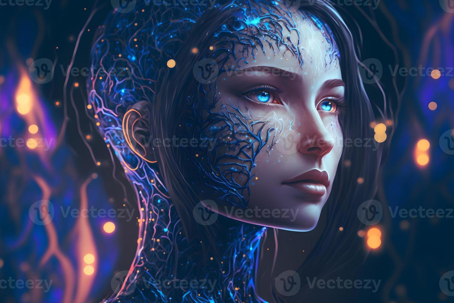 Modern futuristic female humanoid robot portrait with technology details on face. Neural network generated art photo