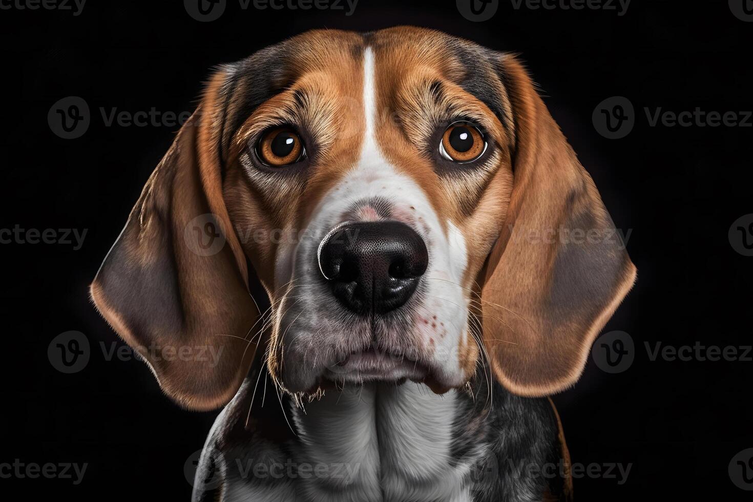 Beagle dog in portrait against black background. Neural network photo