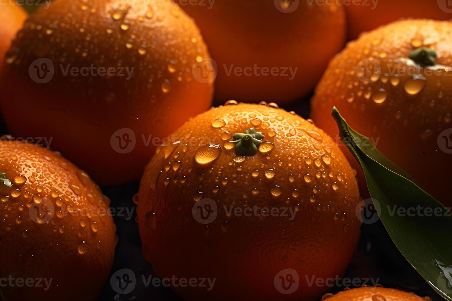 fresh orange fruits with leaves as background, top view. Neural network photo