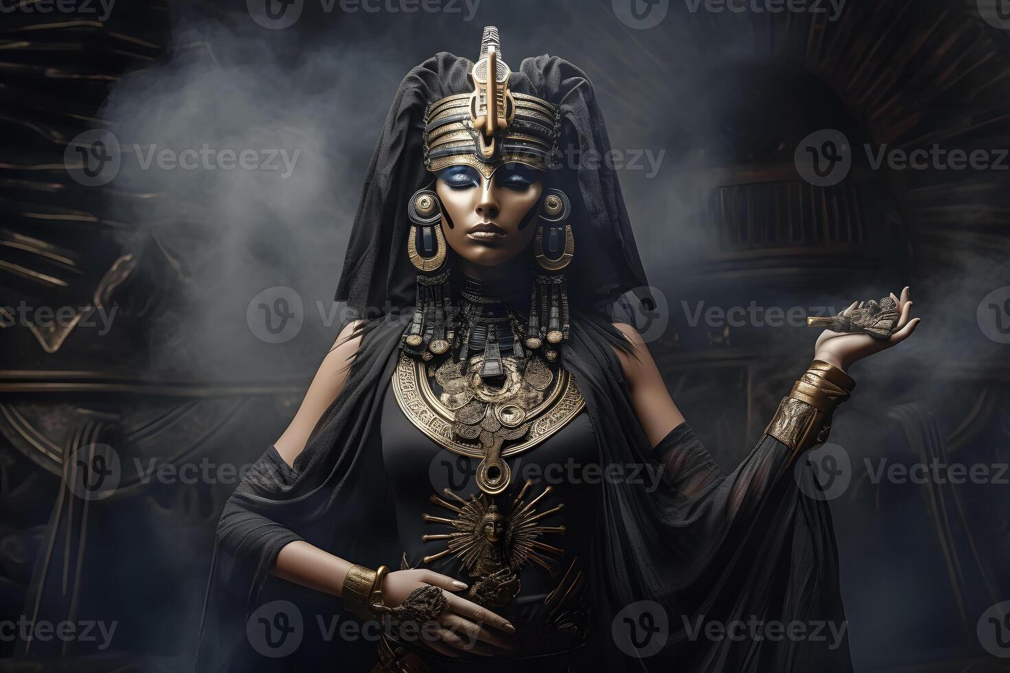 Egyptian goddess on black background. Neural network AI generated