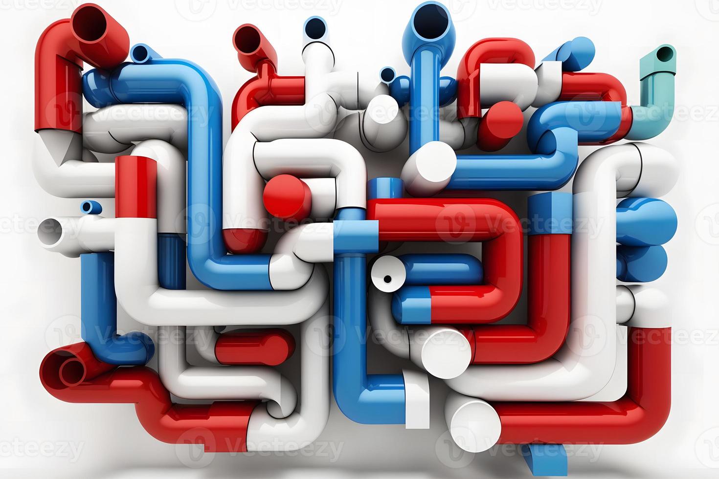 Abstract blue red and white pipes system on white background. Neural network generated art photo