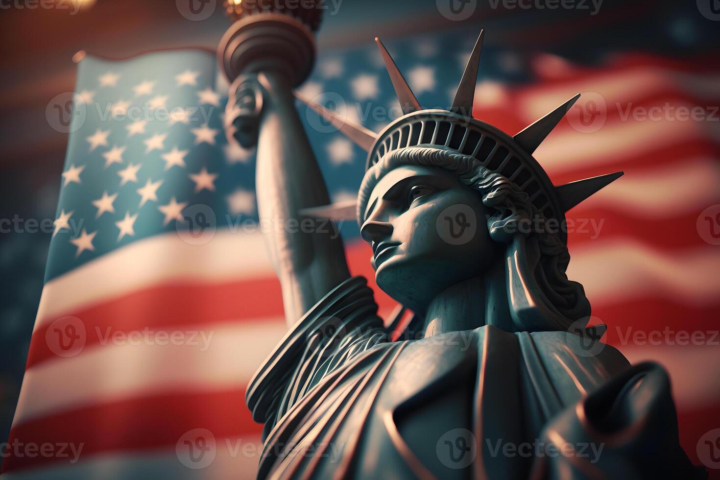 estatua de libertad en el antecedentes de el americano bandera. democracia y libertad concepto. neural red ai generado Arte foto