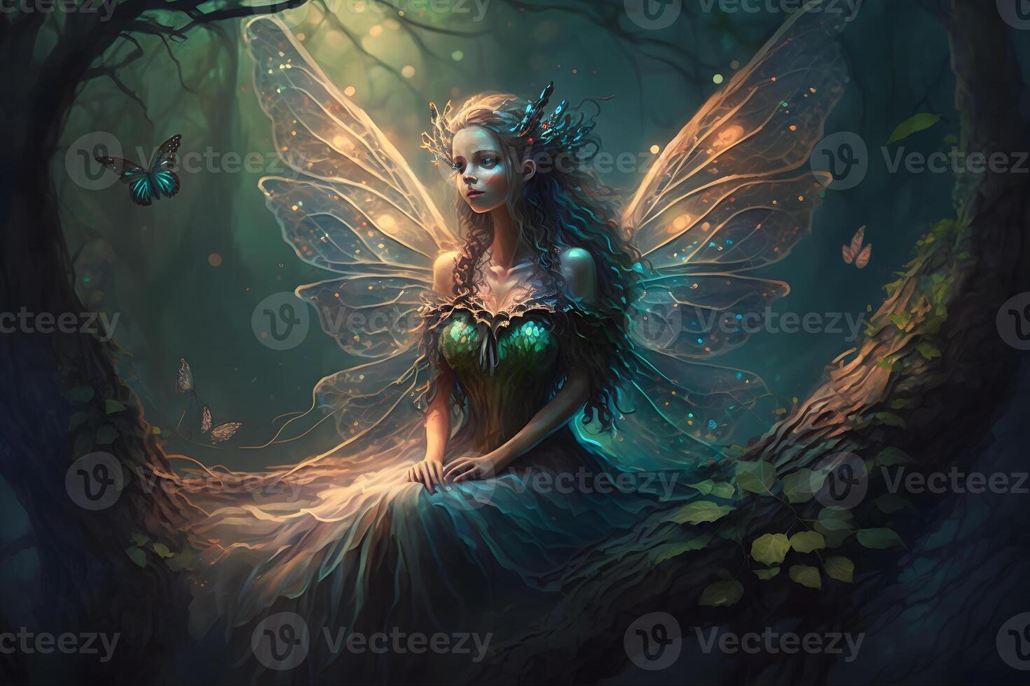 hermosa fantasía duende mujer mariposa reina. neural red ai generado foto