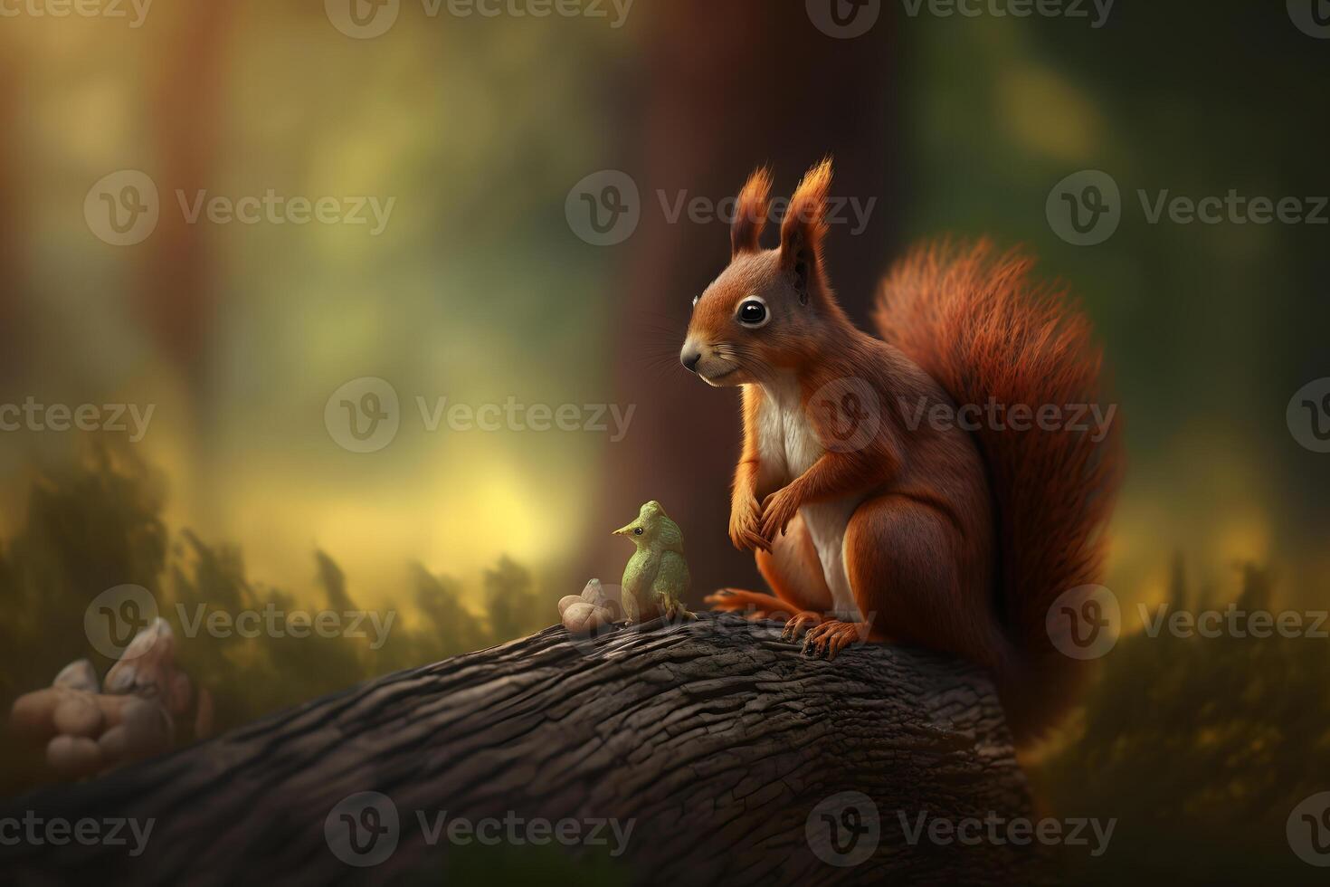 Art view on wild nature. Cute red squirrel. Neural network photo