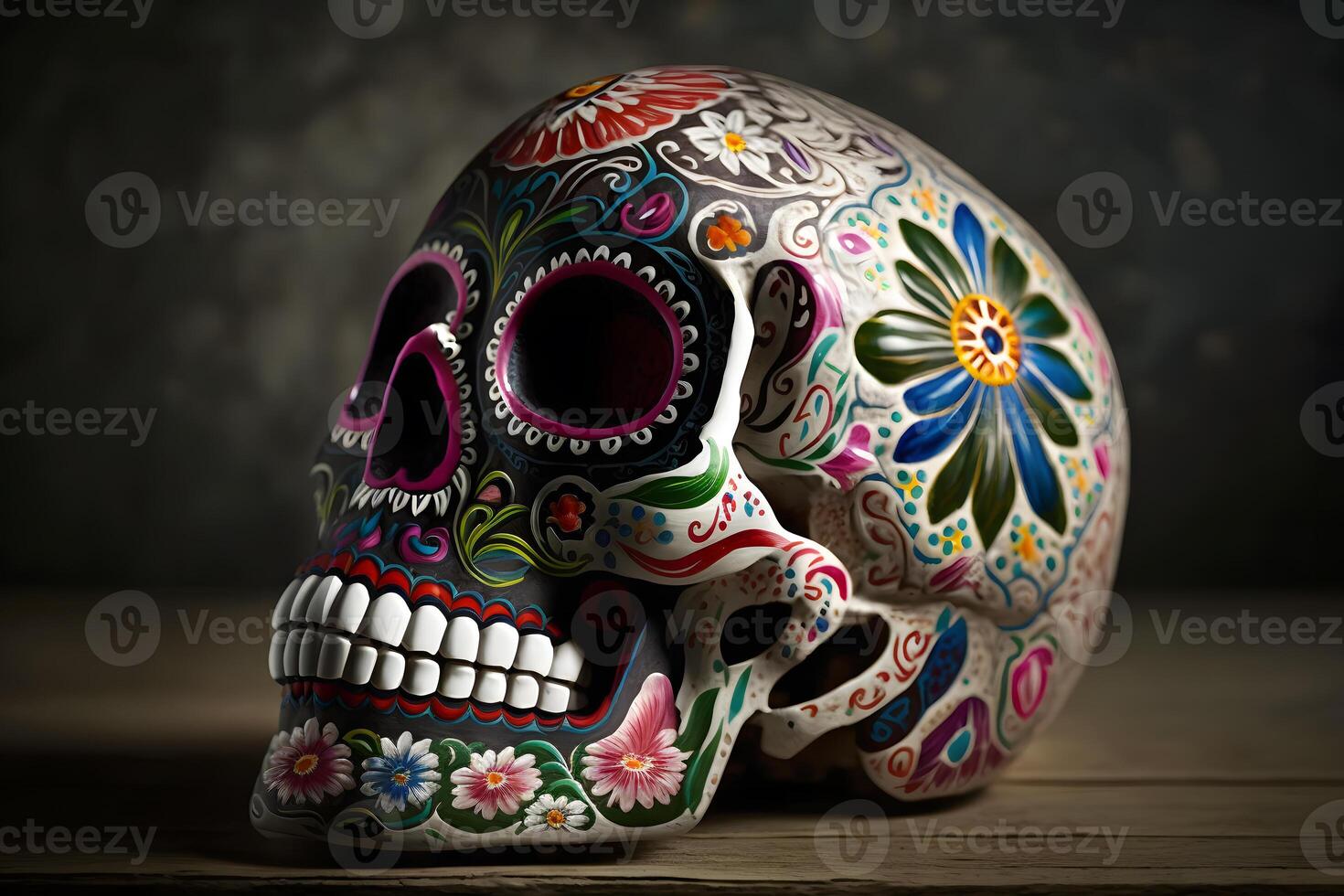 Víspera de Todos los Santos dia Delaware los muertos celebracion con azúcar cráneo. neural red ai generado foto