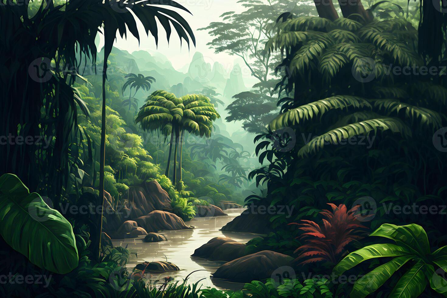 Asian tropical jungle rainforest in daytime. Neural network generated art photo