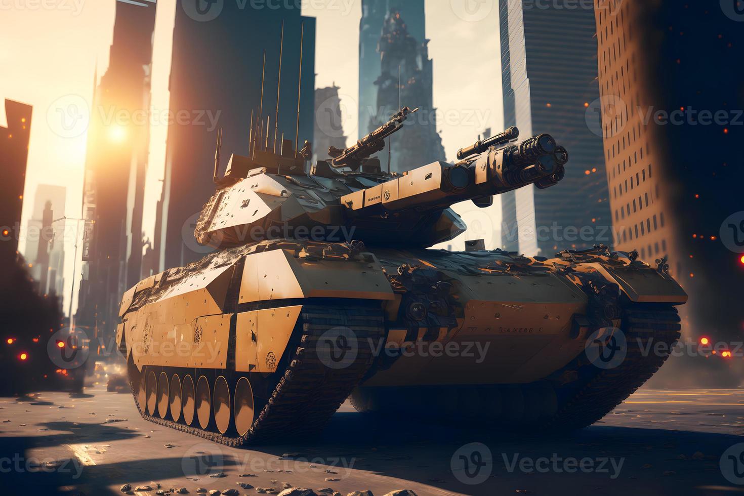 Modern futuristic battle tank with turret and cannon in city center. Neural network generated art photo