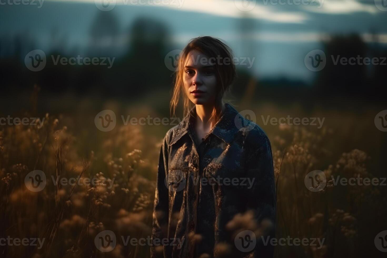 Portrait of a beautiful girl in the evening in the field. Neural network photo