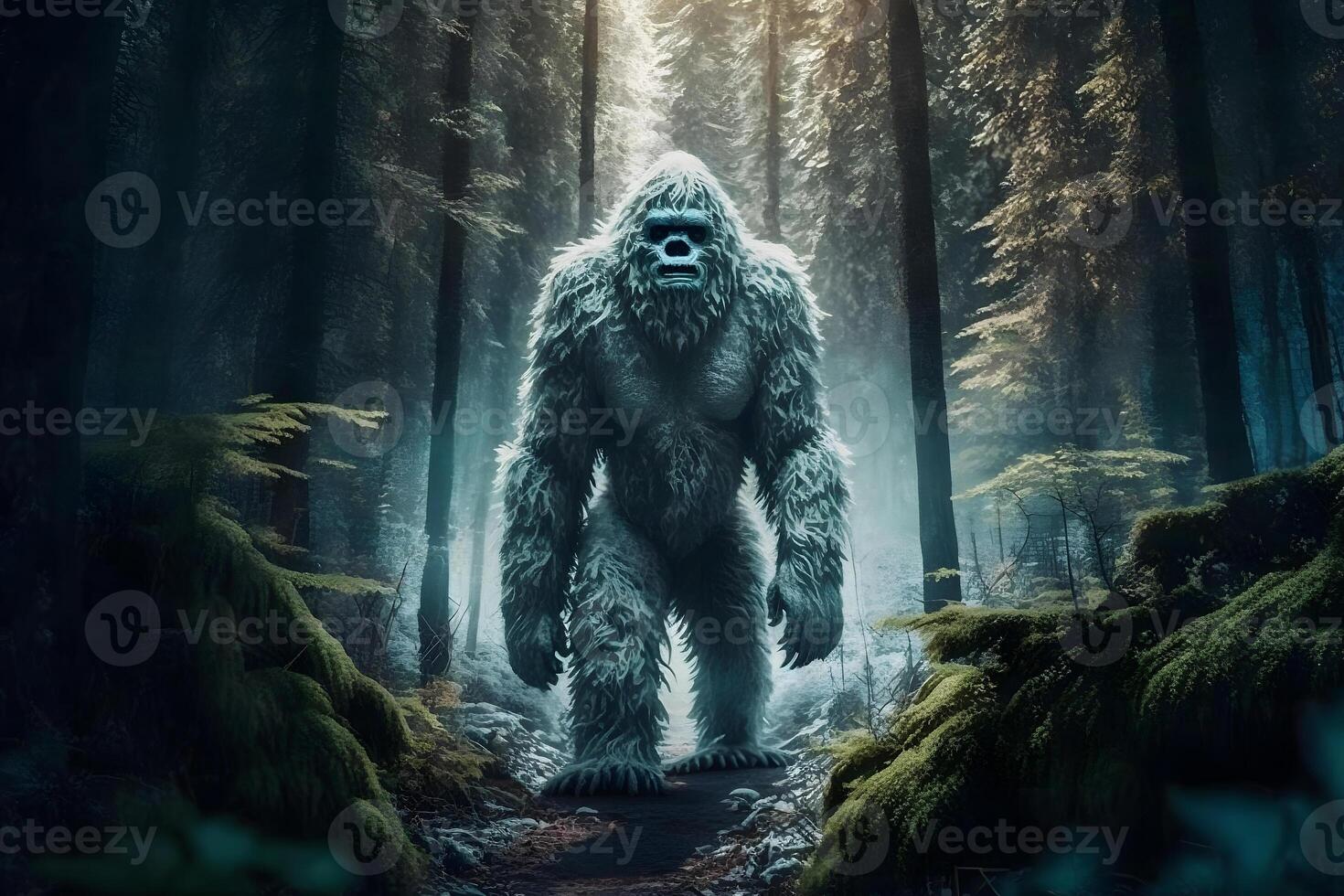 Yeti or abominable snowman walks through winter forest area. Neural network generated art photo