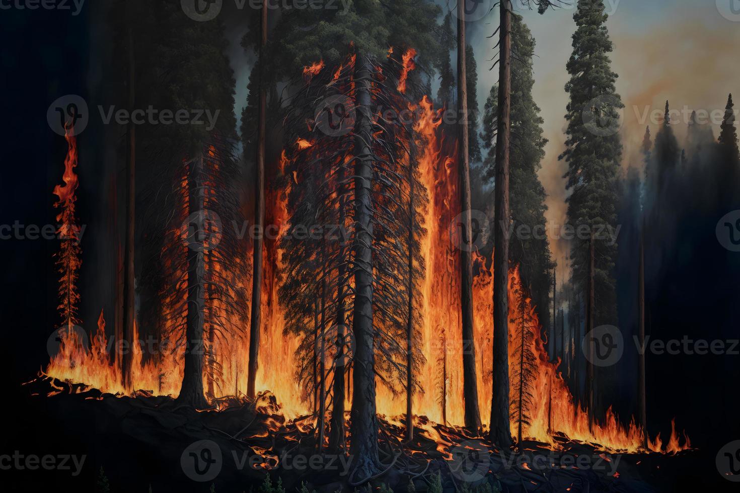 Large flames of forest fire accident. Neural network generated art photo
