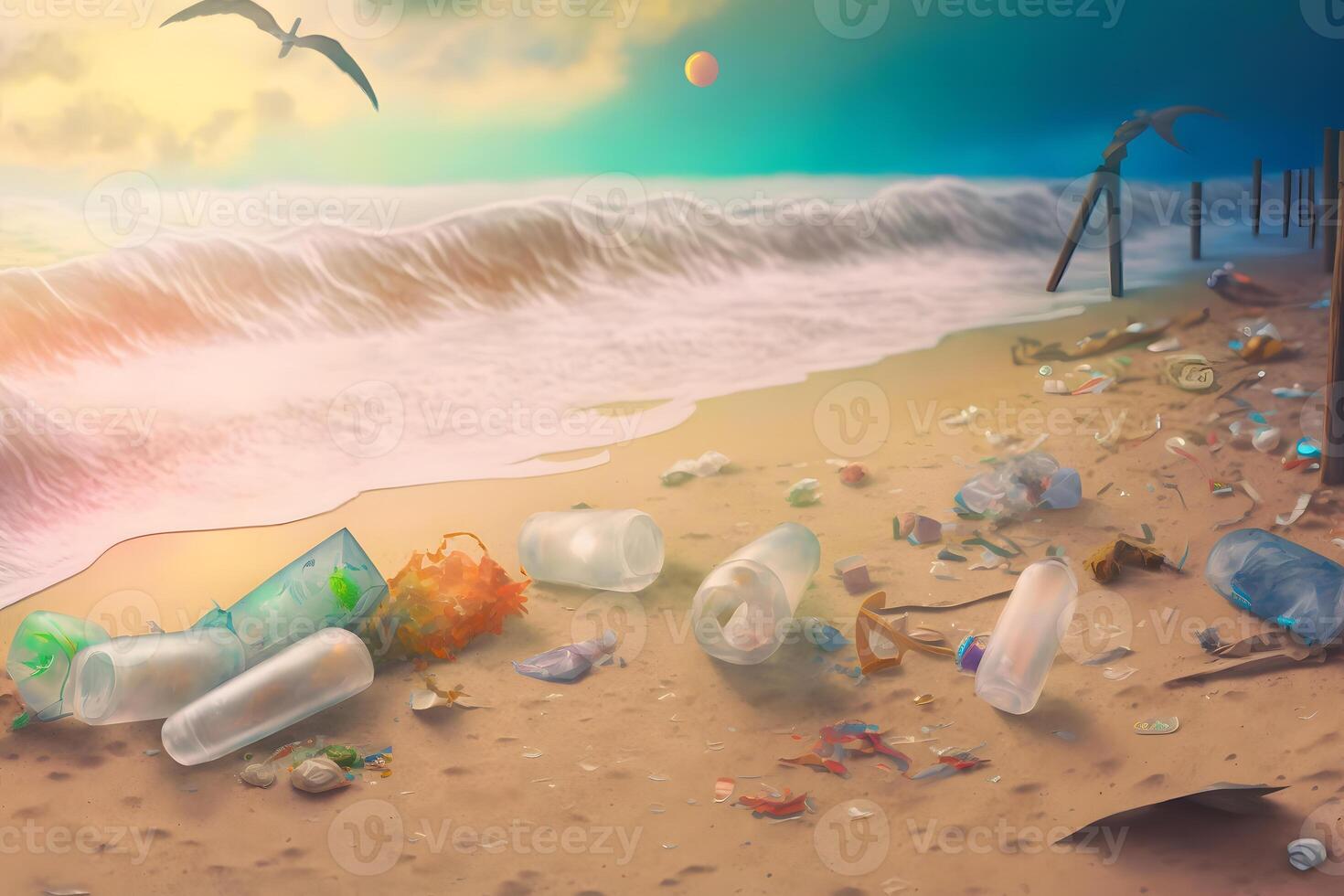 derramado basura en playa de grande ciudad. vacío usado sucio el plastico botellas sucio mar arenoso apuntalar el negro mar. ambiental contaminación. ecológico problema. neural red ai generado foto
