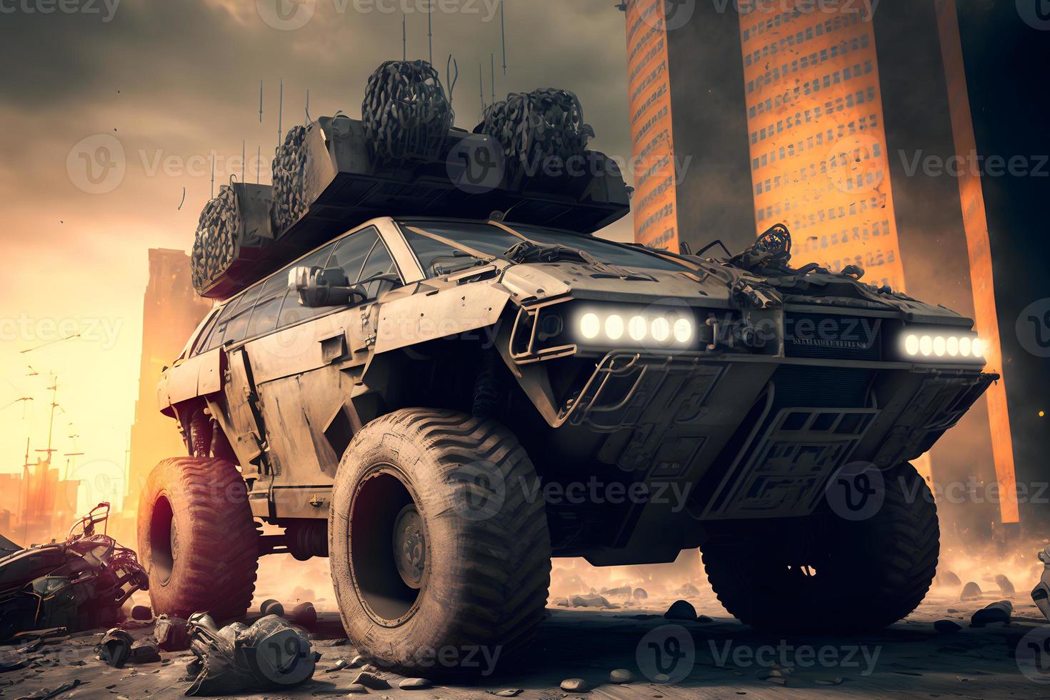 Modern futuristic off-road SUV car with turret in city center. Neural network generated art photo