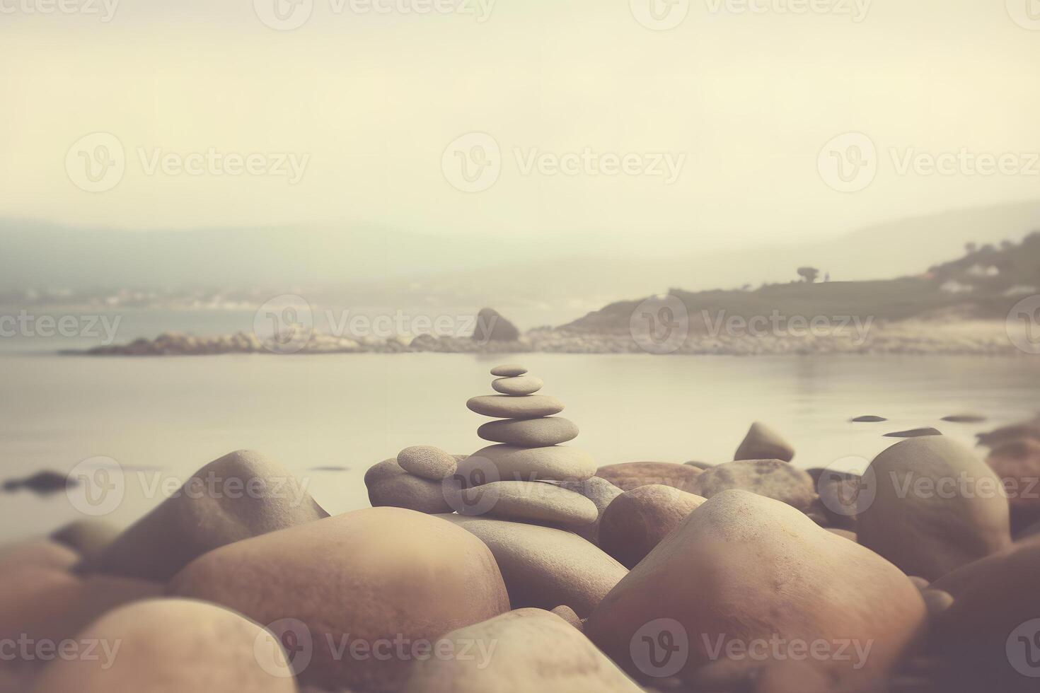 Pyramid stones balance on the sand of the beach. The object is in focus, the background is blurred. Neural network photo