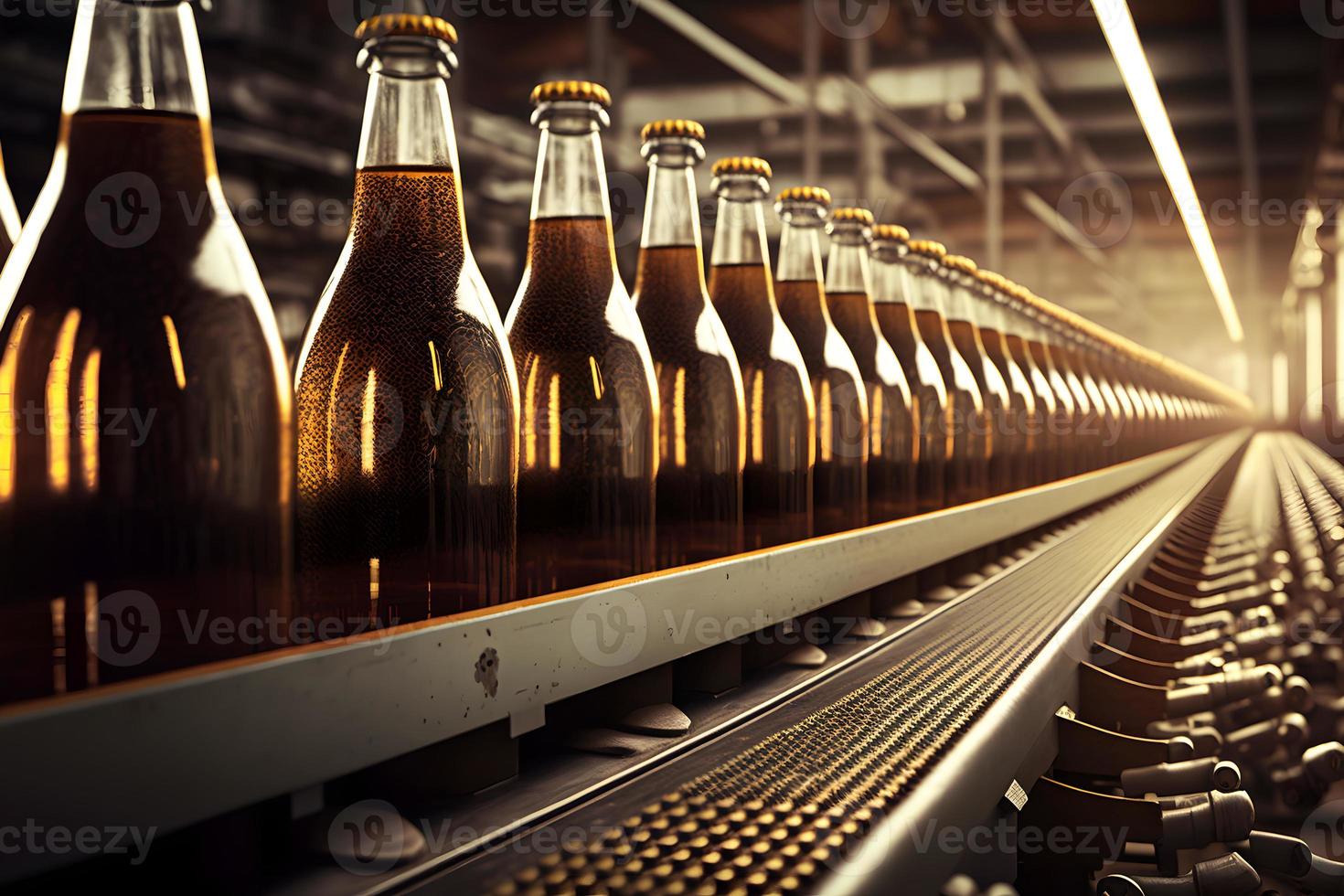 Beer bottles on the conveyor belt. Beverage manufacturing brevery. Neural network generated art photo