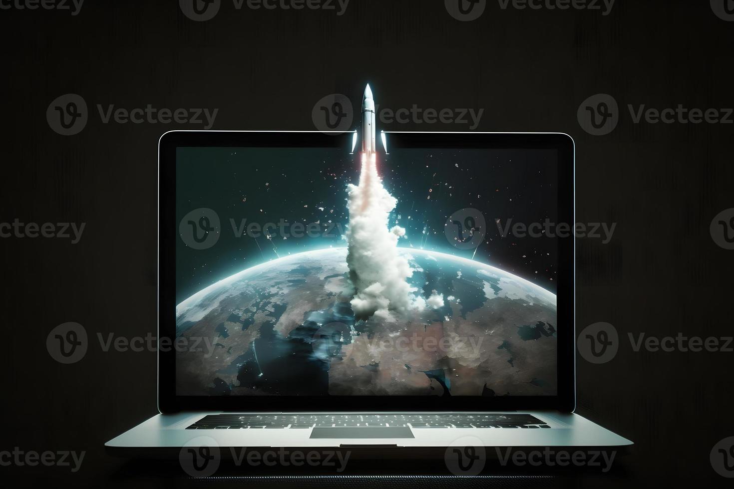 Rocket flies out of the computer, high speed internet, startup concept . Neural network generated art photo