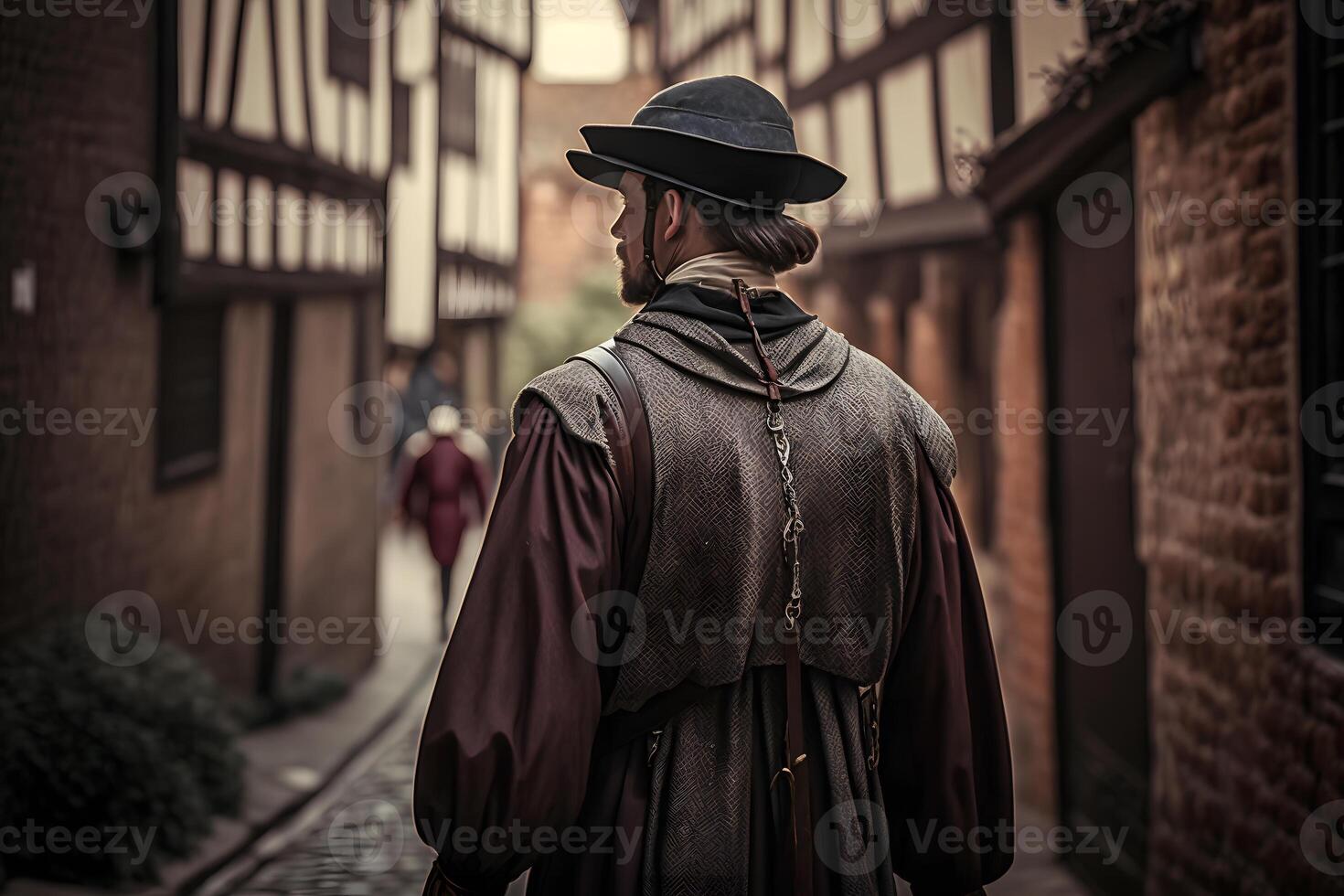 Medieval wanderer on the street of the old city. Neural network photo