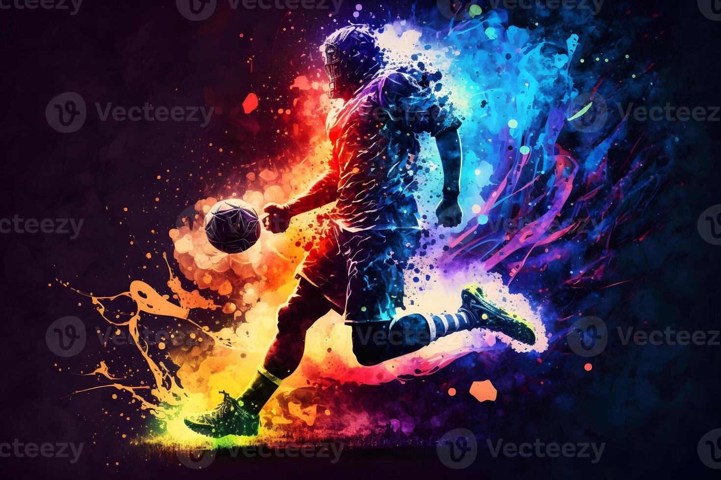 Football player kicks the ball against the background of multi-colored abstraction. Neural network photo