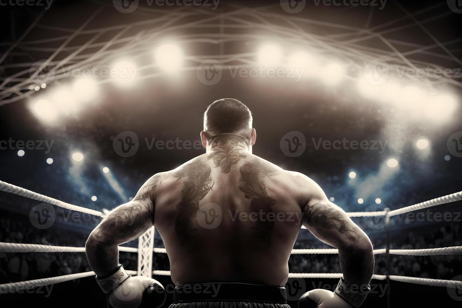 Professional boxer fighting on the grand arena panorama view. Neural network photo