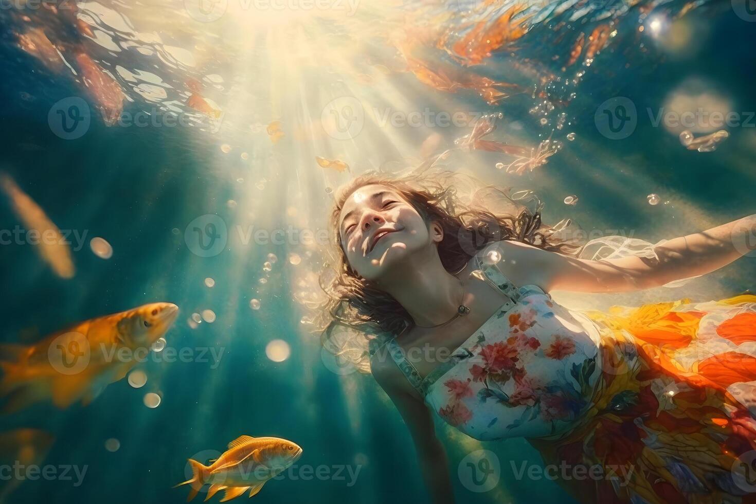 Mermaid girl swims underwater among the fish. Neural network photo