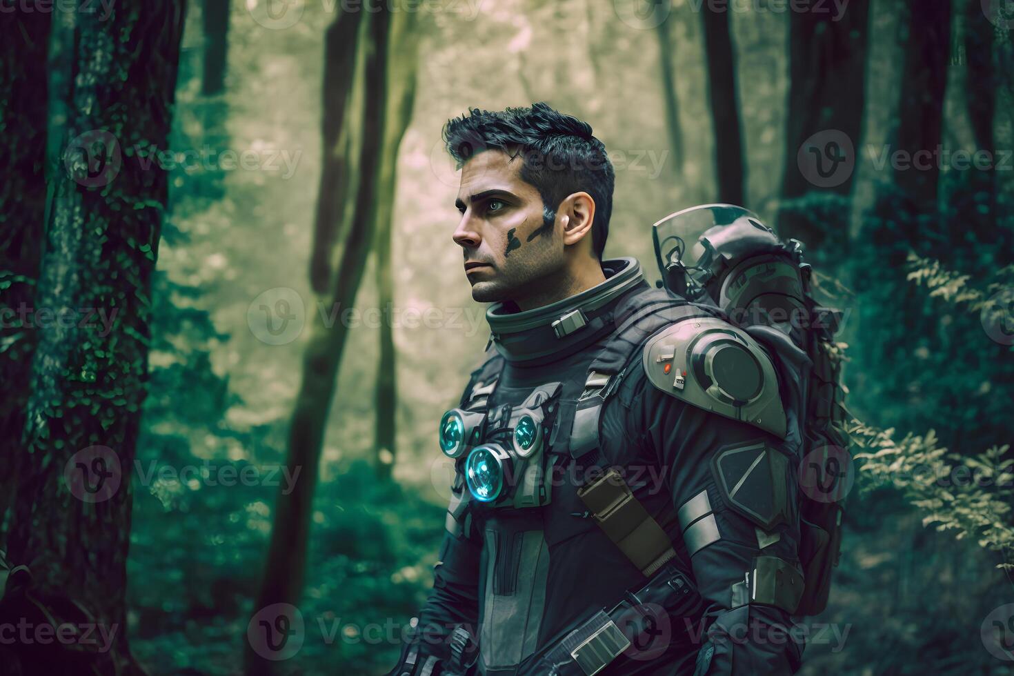 Futuristic soldier on a mission in the jungle. Neural network photo