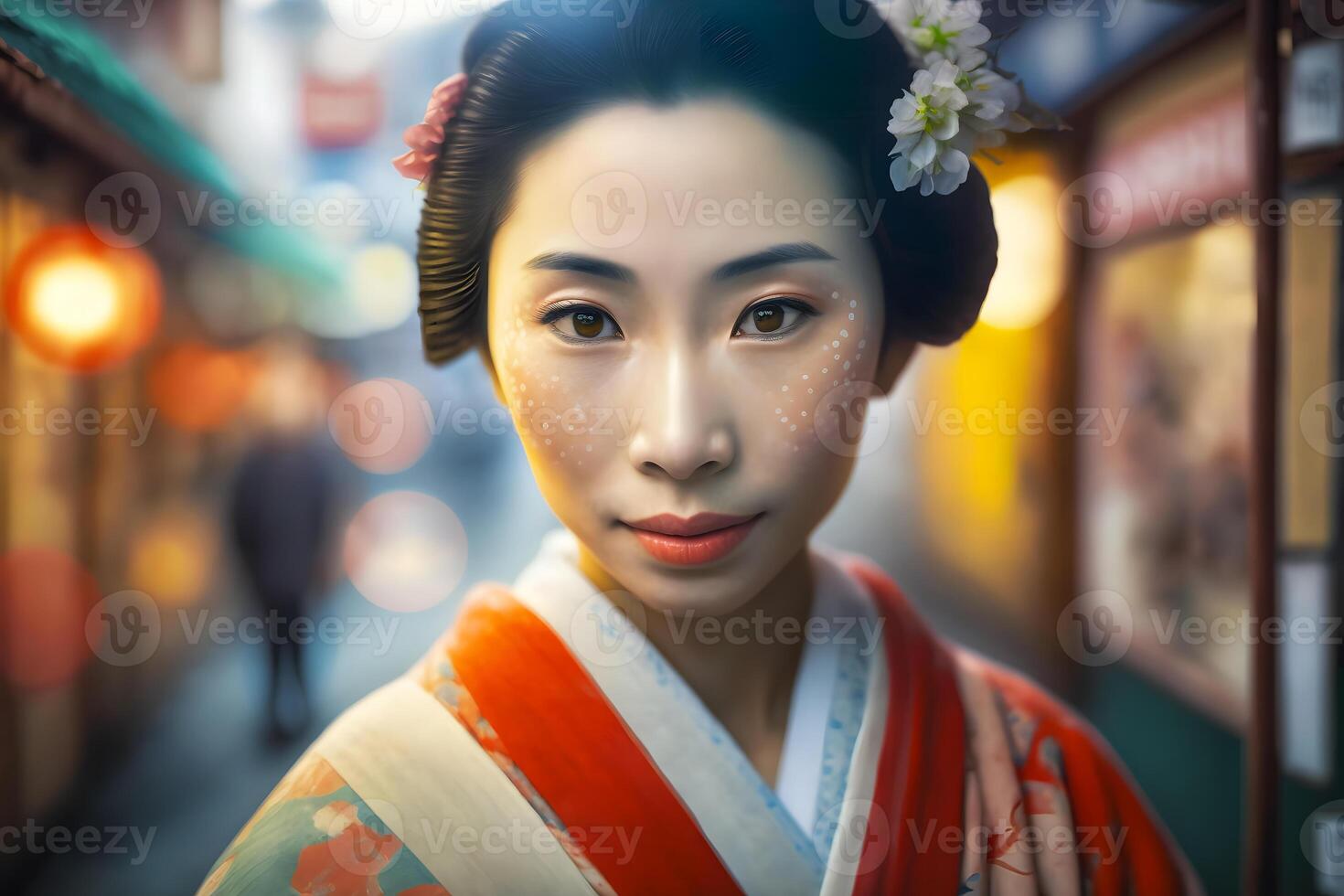 retrato de un japonés mujer en nacional ropa. neural red ai generado foto