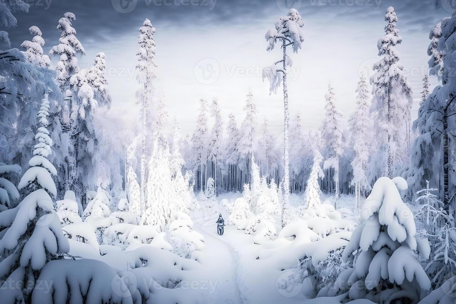 Pine trees covered with snow on frosty evening. Beautiful winter panorama. Neural network photo