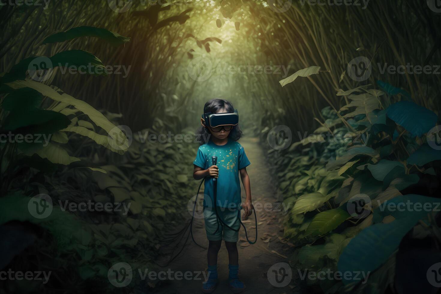 Child in virtual augmented reality helmet. Future technology concept. Neural network photo