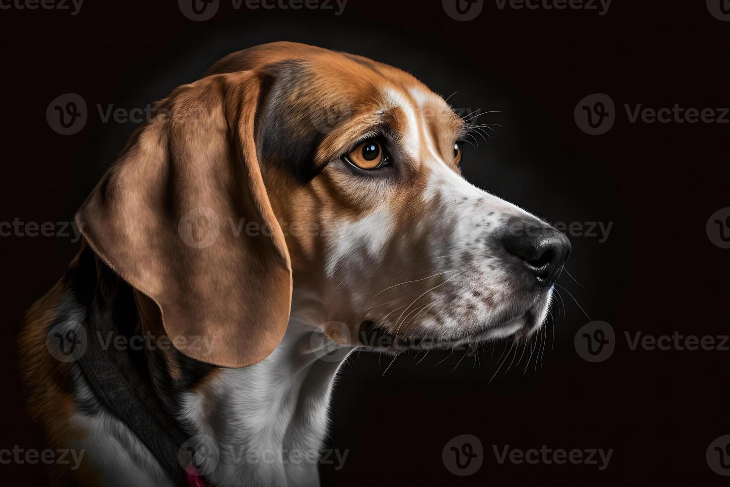 Beagle dog in portrait against black background. Neural network photo