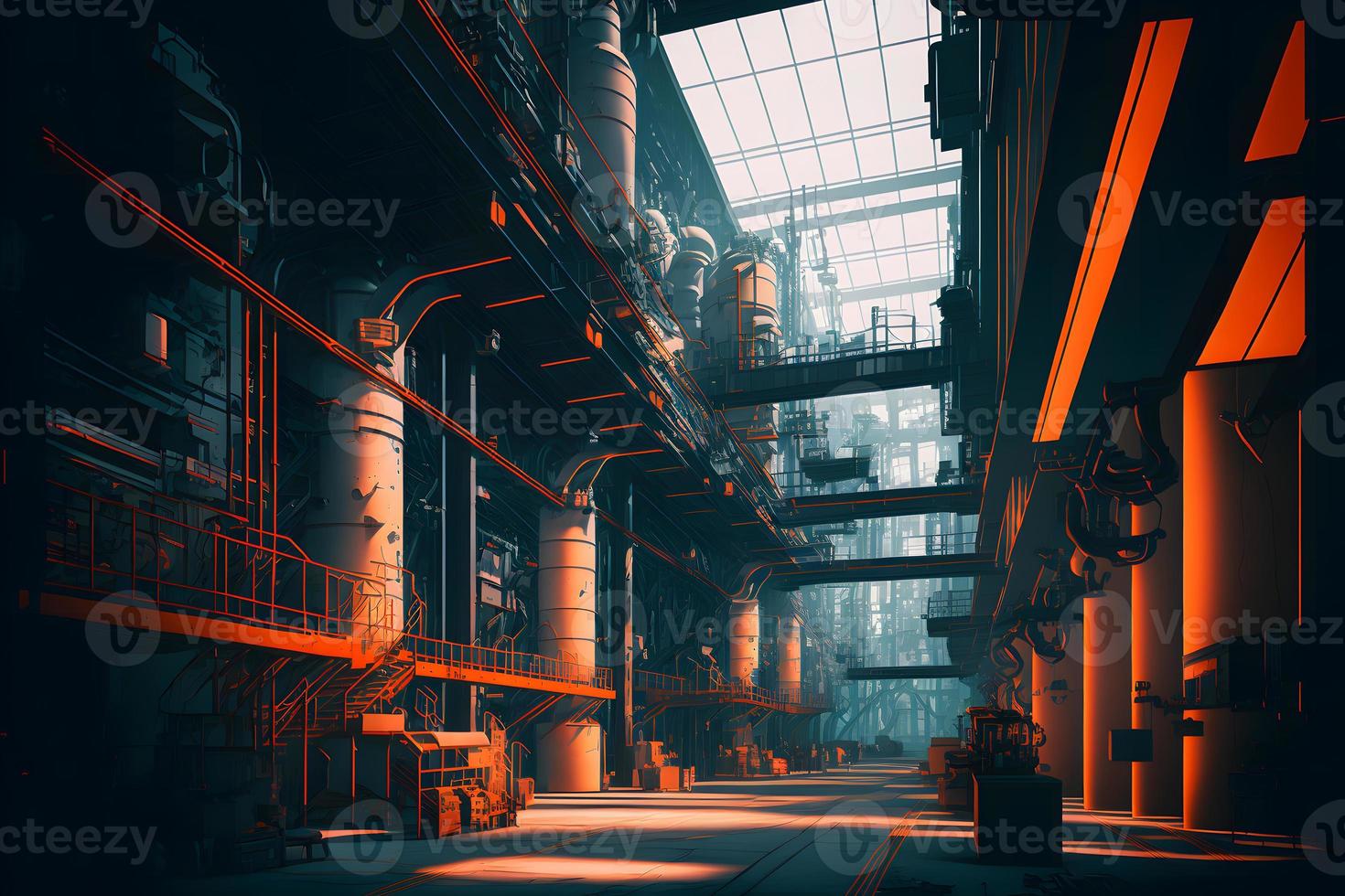 Industrial plant interior with many pipes and machinery. Neural network generated art photo